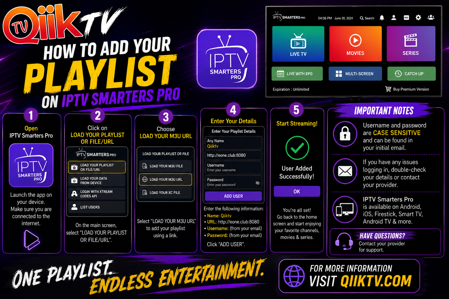QiikTV IPTV Smarters Pro setup flyer